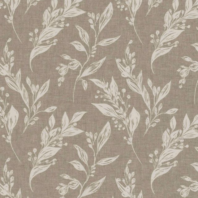 Warm taupe woven ground with ivory branching leaves and fine botanical stems