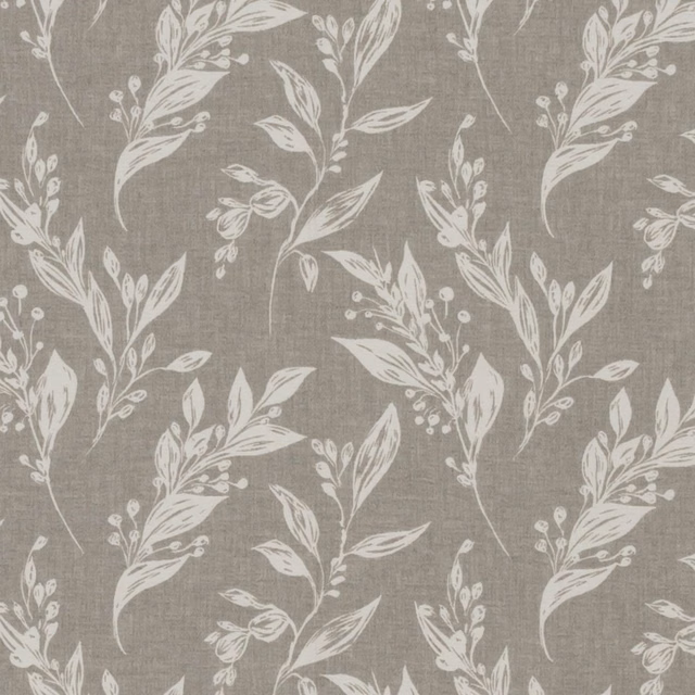 Silver taupe woven ground with ivory branching leaves and berry sprigs