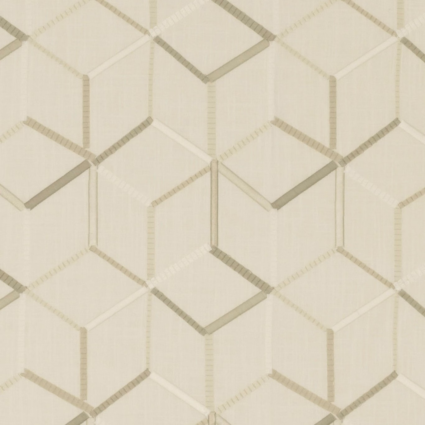 Warm ivory geometric fabric with taupe-grey interlocking cube lines and fine woven texture