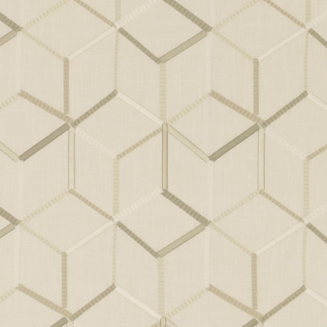 Warm ivory geometric fabric with taupe-grey interlocking cube lines and fine woven texture