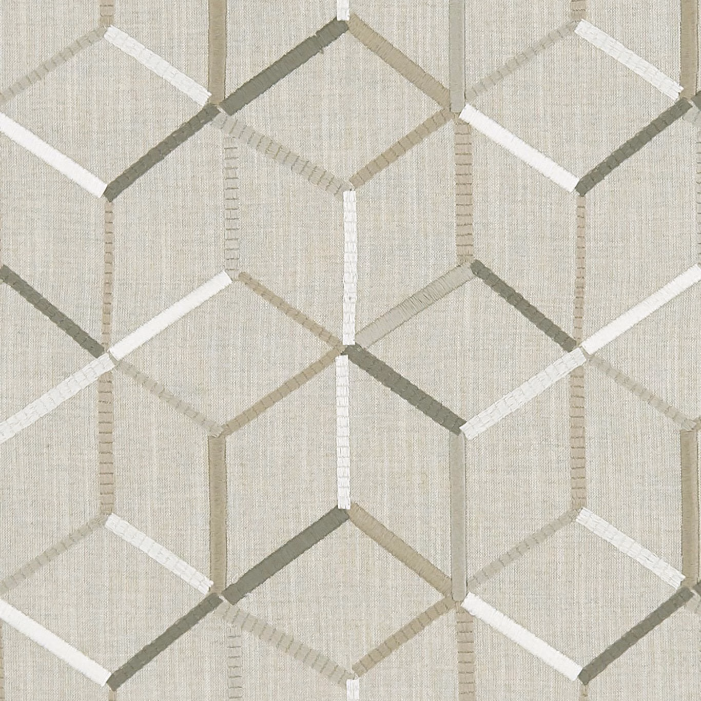 Cool greige woven fabric with white, taupe and sage-grey interlocking geometric lines