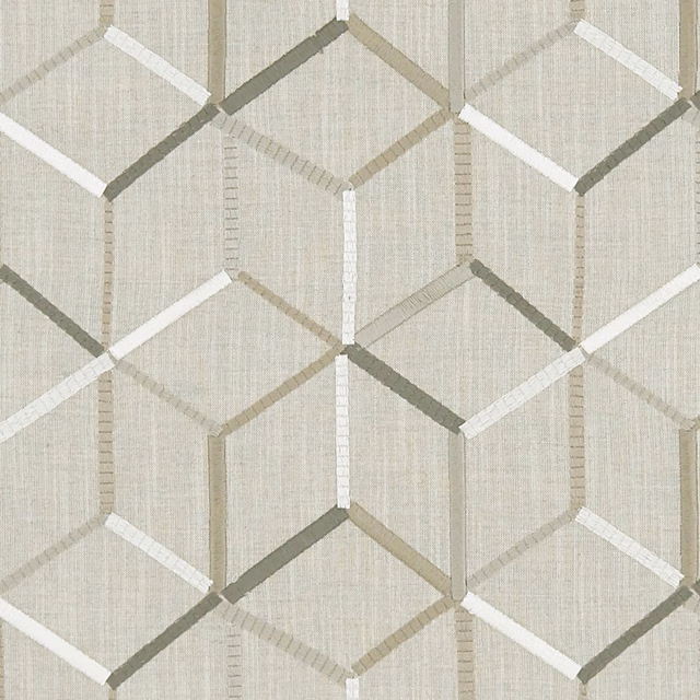 Cool greige woven fabric with white, taupe and sage-grey interlocking geometric lines