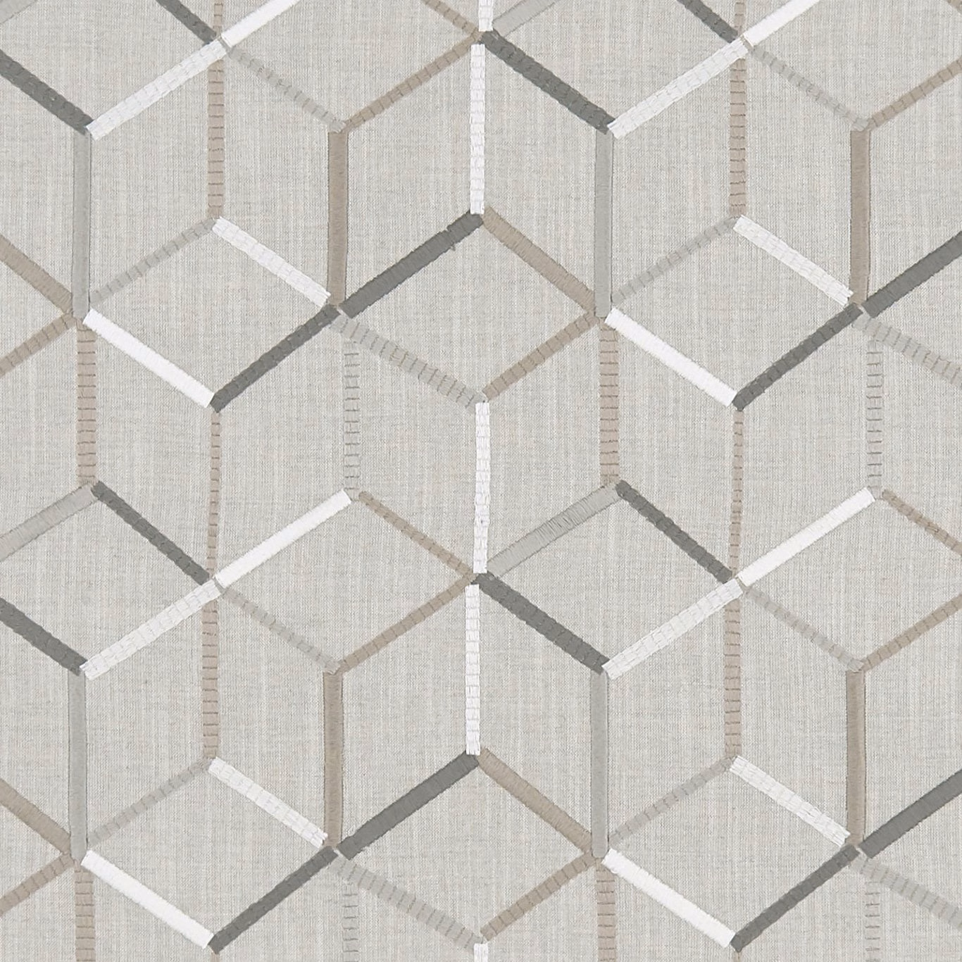 Cool silver-grey woven fabric with interlocking cube lines and subtle vertical texture