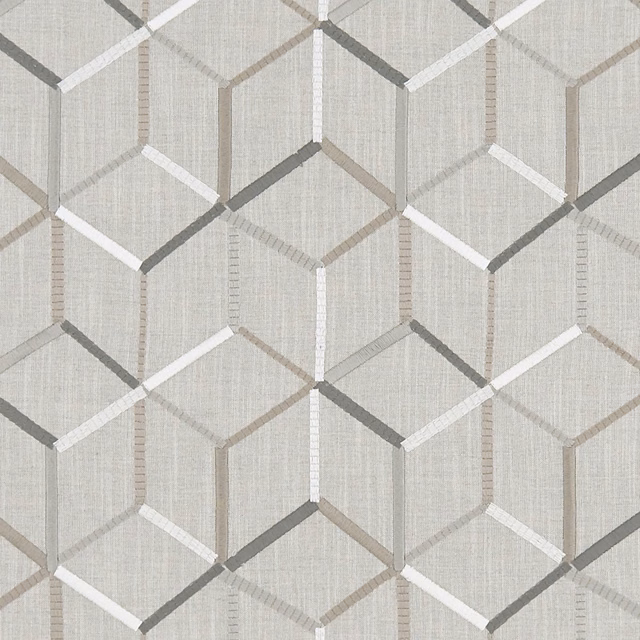 Cool silver-grey woven fabric with interlocking cube lines and subtle vertical texture