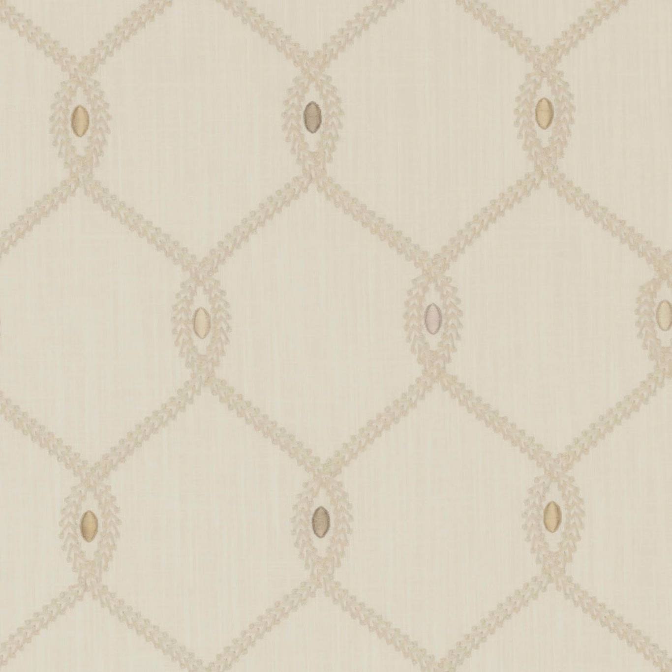 Warm ivory woven fabric with beige-grey diamond lattice and almond motifs