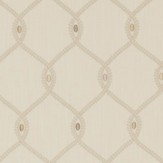 Warm ivory woven fabric with beige-grey diamond lattice and almond motifs