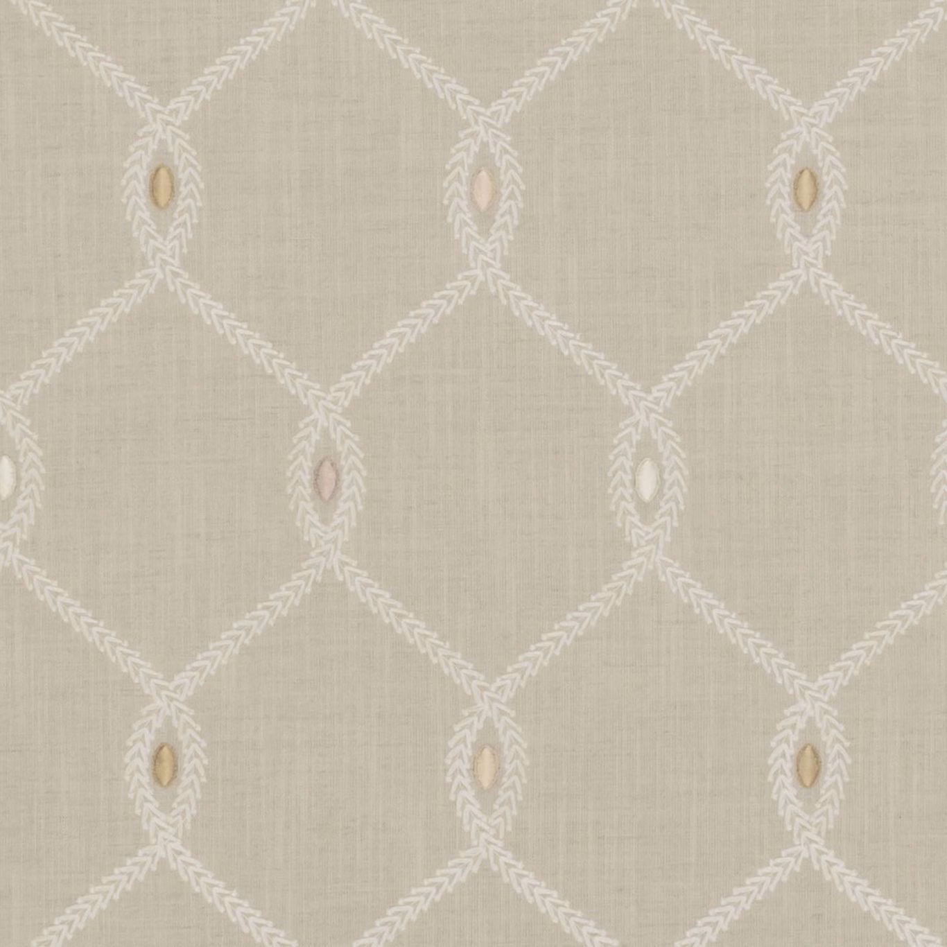 Warm greige textured fabric with ivory diamond tracery and muted almond accents