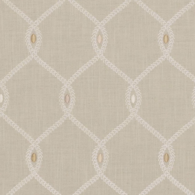 Warm greige textured fabric with ivory diamond tracery and muted almond accents