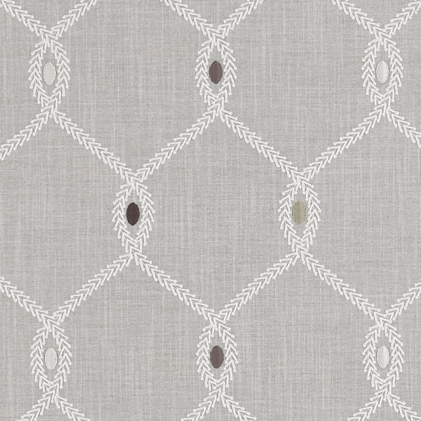 Silver-grey woven fabric with white leafy trellis and muted oval accents