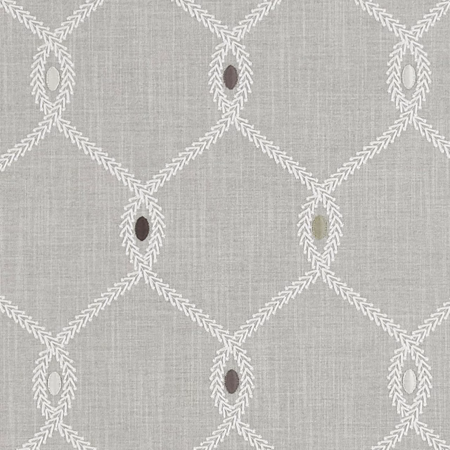 Silver-grey woven fabric with white leafy trellis and muted oval accents
