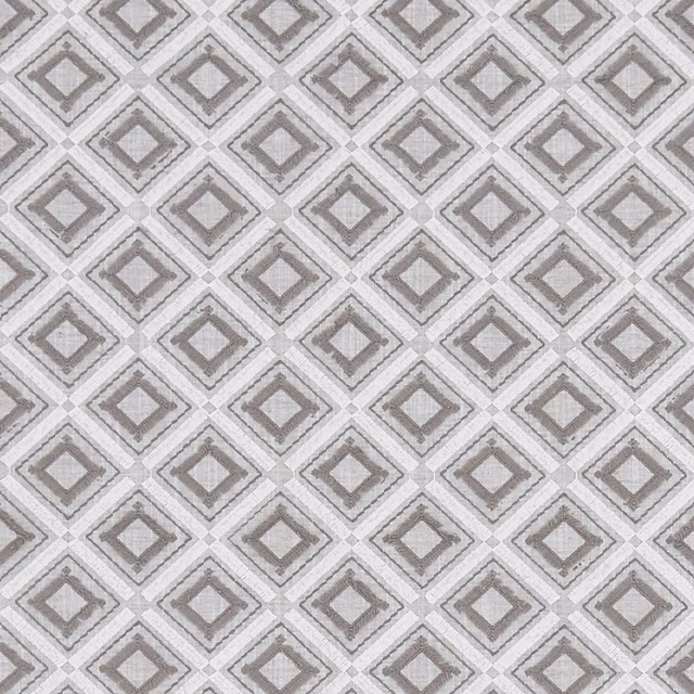 Cool silver-grey woven textile with taupe diamond lattice and fine linear texture