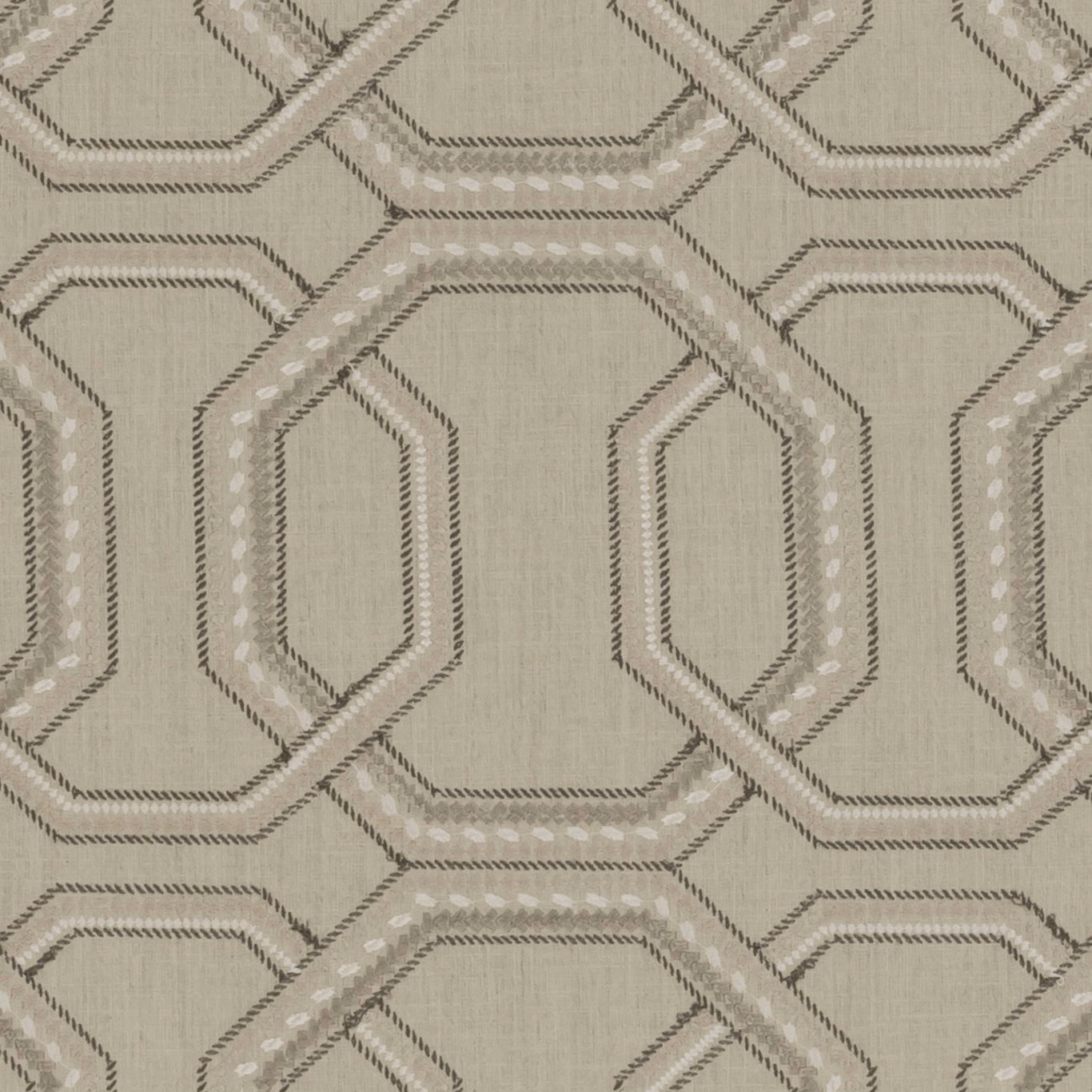 Warm taupe linen-textured fabric with ivory and charcoal interlocking octagonal bands