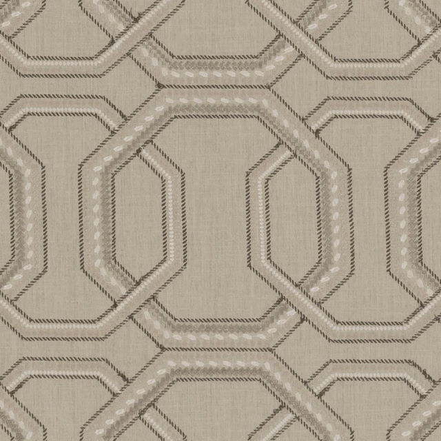 Warm taupe linen-textured fabric with ivory and charcoal interlocking octagonal bands