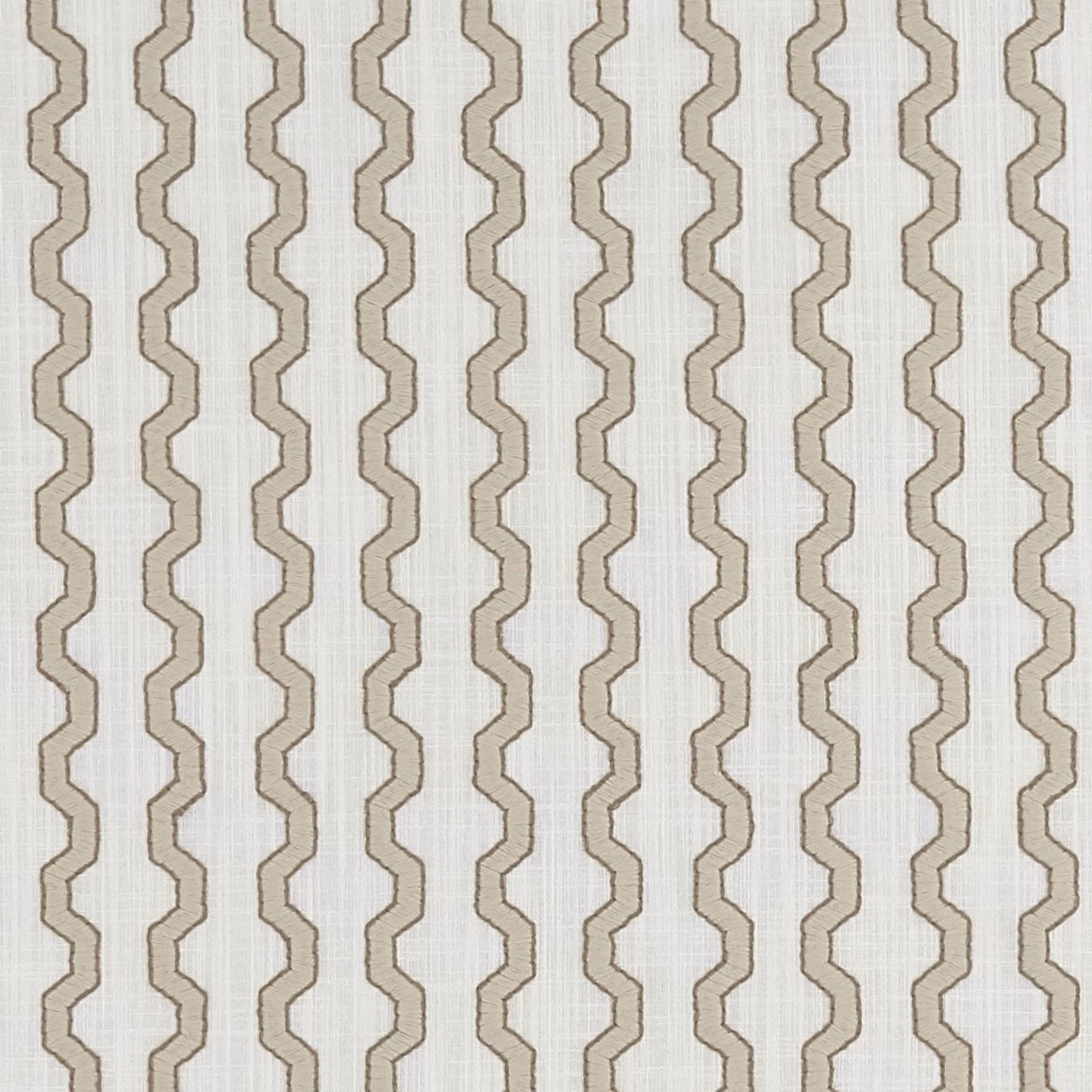 Warm ivory woven ground with narrow taupe, outlined meandering vertical stripes