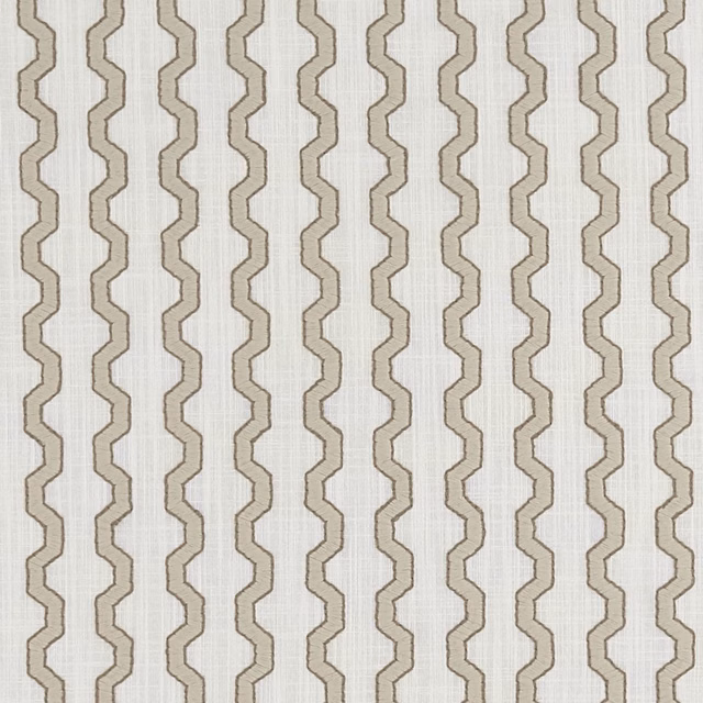 Warm ivory woven ground with narrow taupe, outlined meandering vertical stripes