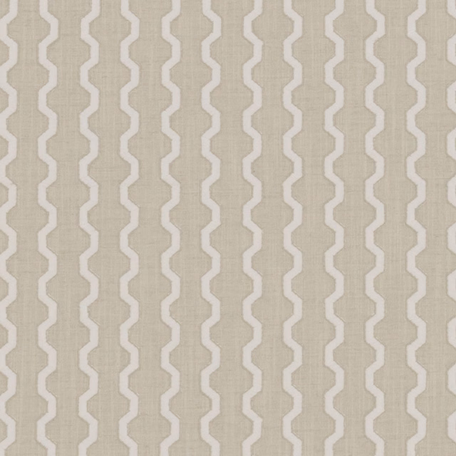 Pale linen-beige woven fabric with ivory vertical zigzag stripes and subtle texture