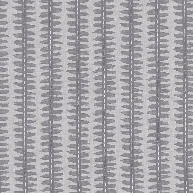 Cool charcoal-grey woven fabric with vertical bands and pale feathered motifs