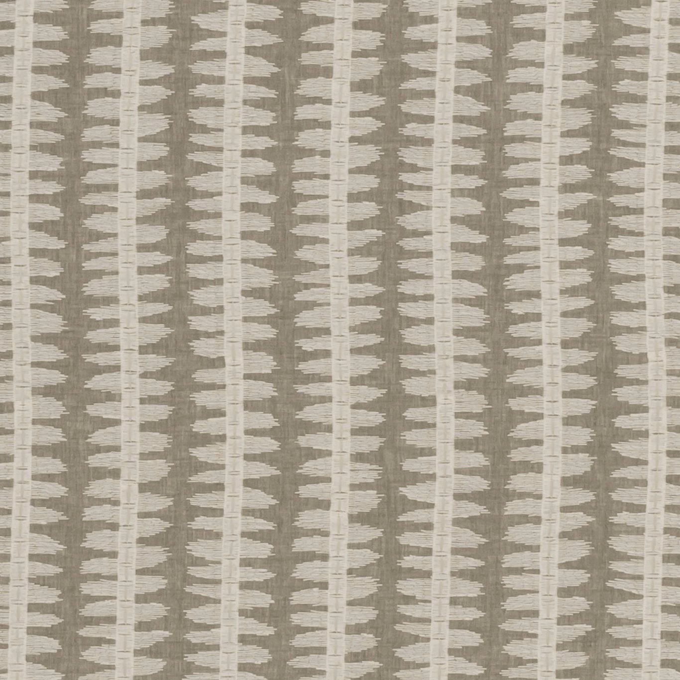 Taupe-grey woven fabric with ivory vertical bands and irregular leaf motifs