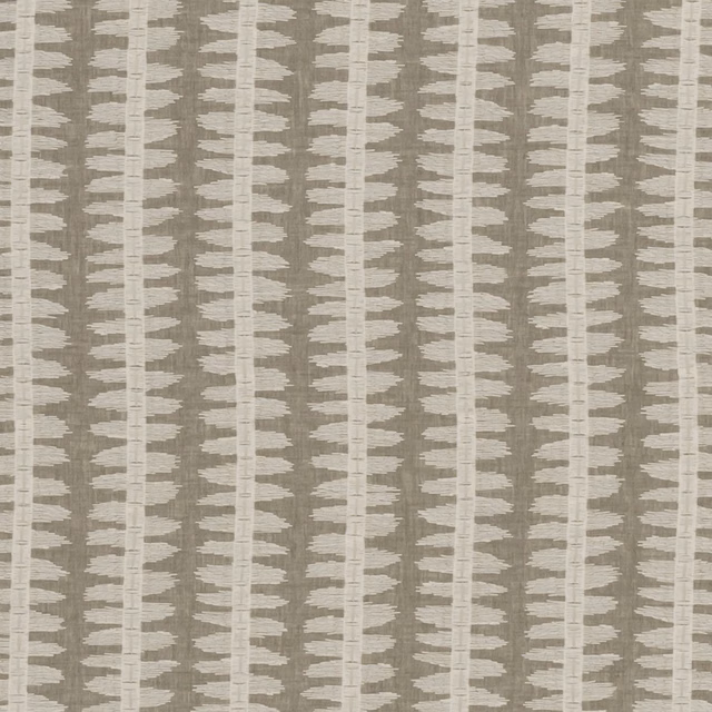 Taupe-grey woven fabric with ivory vertical bands and irregular leaf motifs