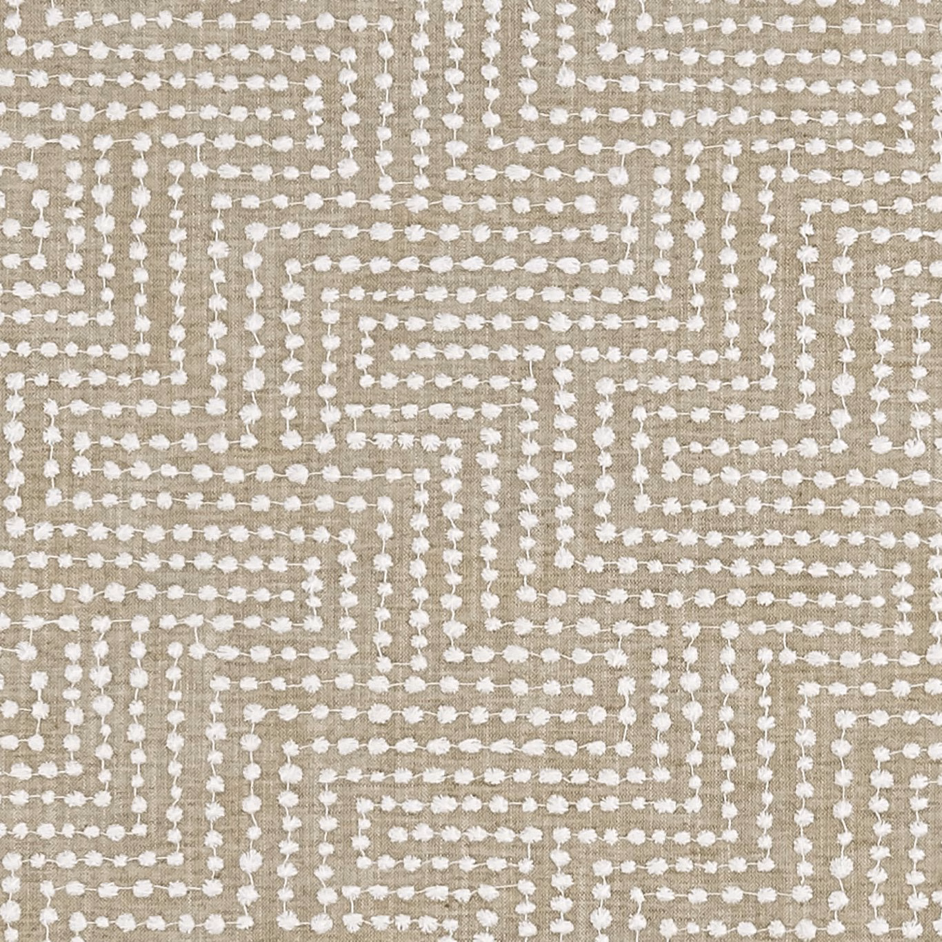 Greige taupe woven fabric with raised ivory dotted maze lines and tactile slub texture