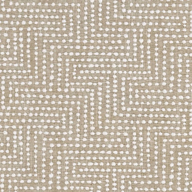 Greige taupe woven fabric with raised ivory dotted maze lines and tactile slub texture