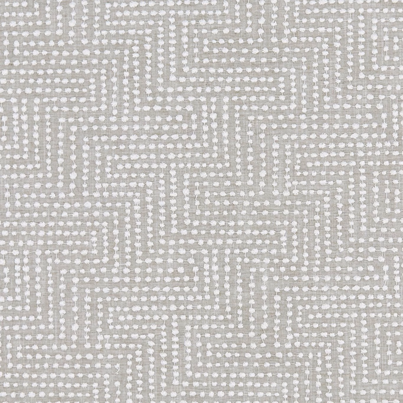 Cool silver-grey woven fabric with white dotted geometric maze lines and tactile texture
