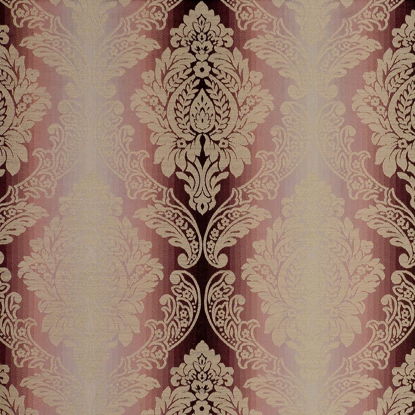 Muted orchid damask with plum ground, antique-gold motifs and softly textured weave