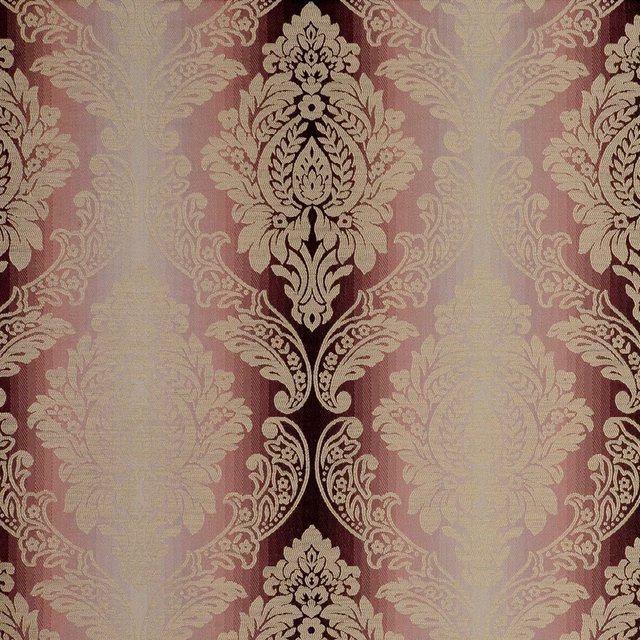 Muted orchid damask with plum ground, antique-gold motifs and softly textured weave