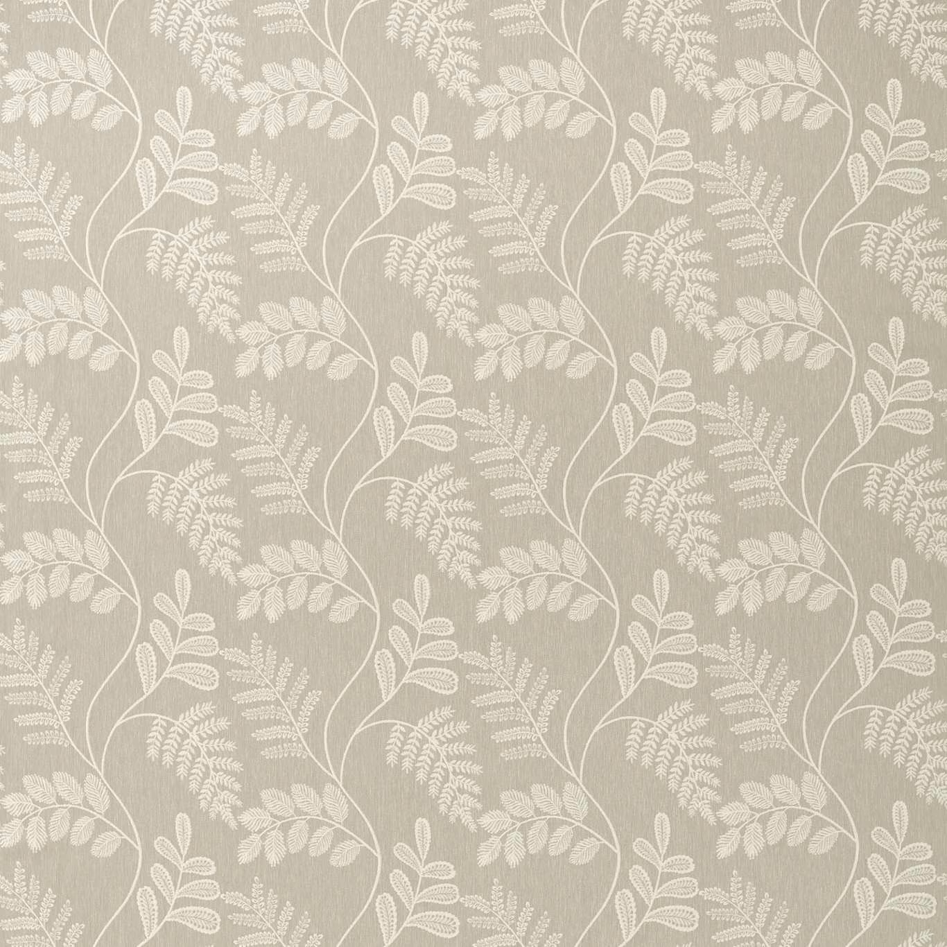 Warm greige fabric with ivory trailing stems, fern fronds and rounded leaves