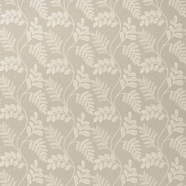 Warm greige fabric with ivory trailing stems, fern fronds and rounded leaves