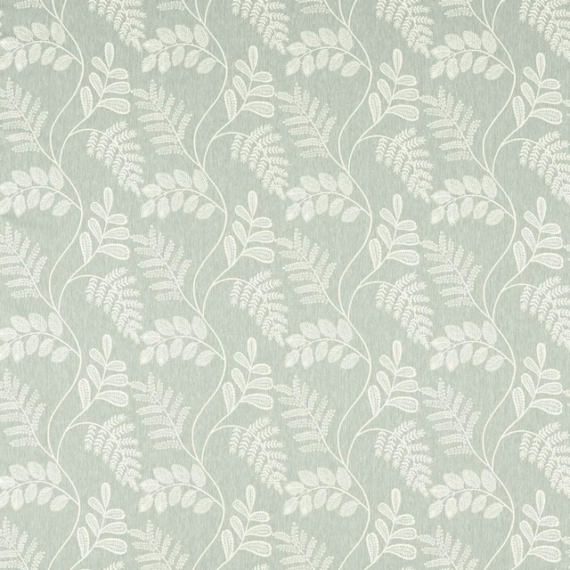 Pale mineral sage fabric with ivory leafy vines and a softly textured ground