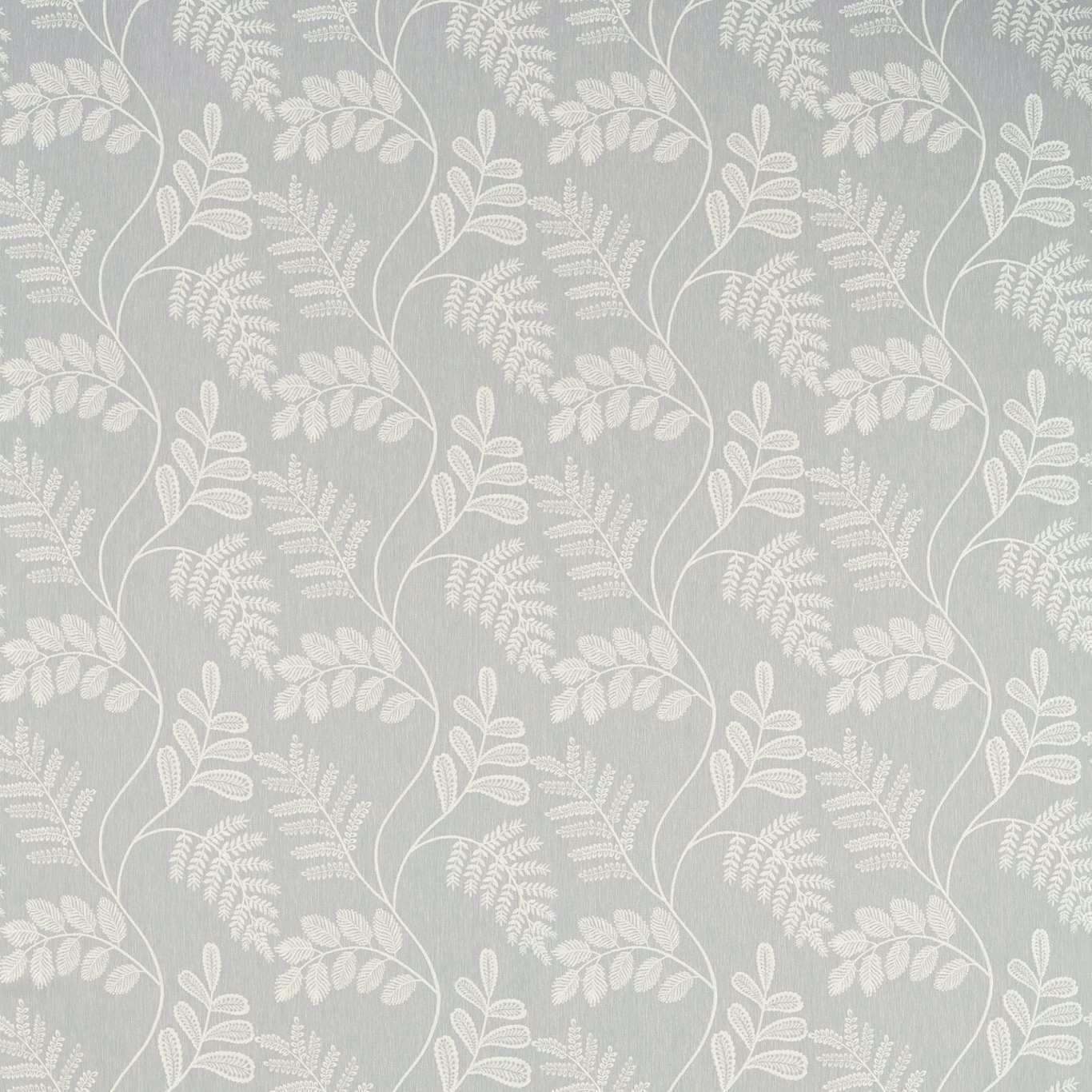 Pale pewter fabric with ivory trailing leaves, fern fronds and fine woven texture