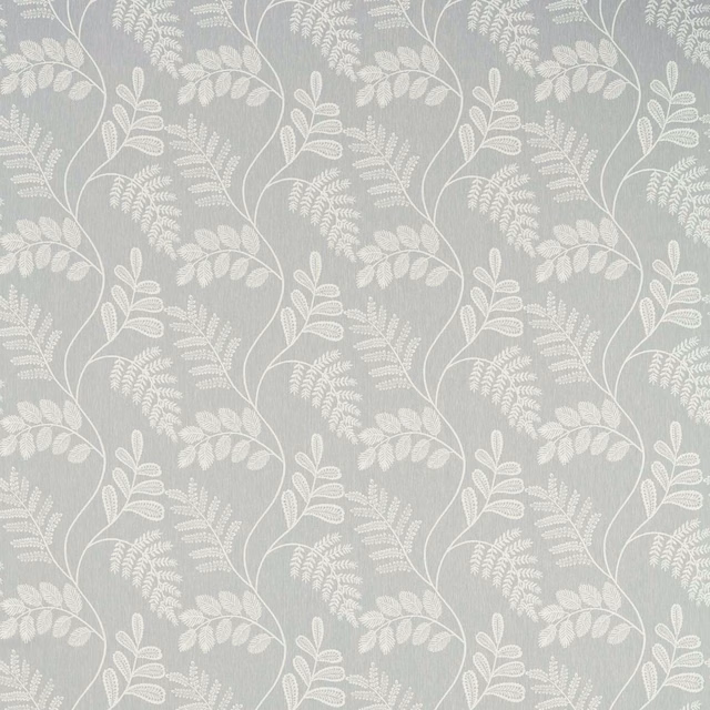 Pale pewter fabric with ivory trailing leaves, fern fronds and fine woven texture
