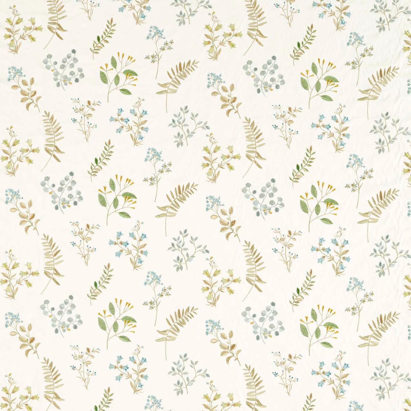 Ivory botanical fabric with sage leaves, mineral-blue flowers and muted yellow sprigs