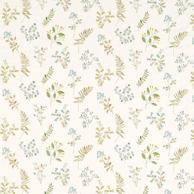 Ivory botanical fabric with sage leaves, mineral-blue flowers and muted yellow sprigs