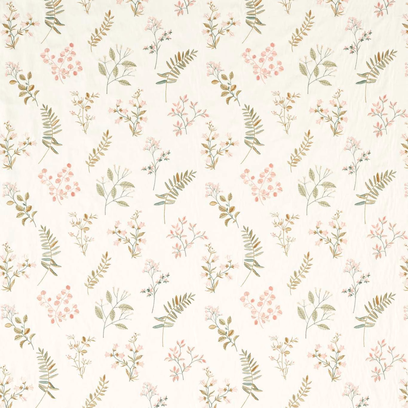 Cream floral fabric with dusty pink sprigs and muted sage foliage