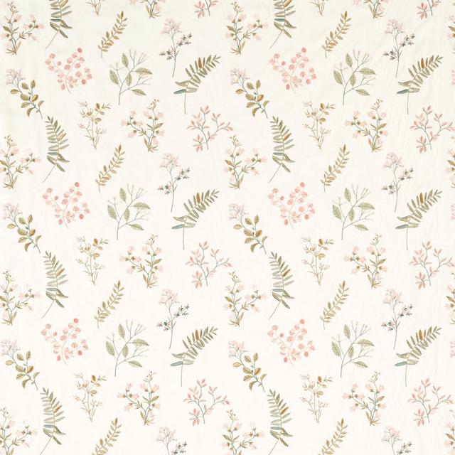 Cream floral fabric with dusty pink sprigs and muted sage foliage