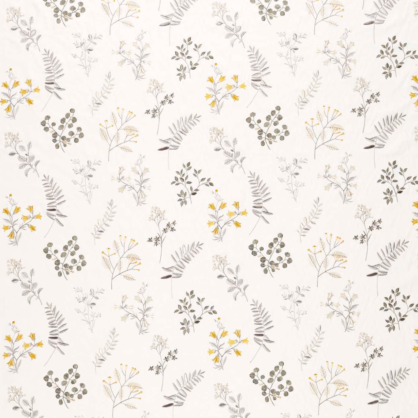 Cream botanical fabric with pewter sprigs and chartreuse-yellow flower accents