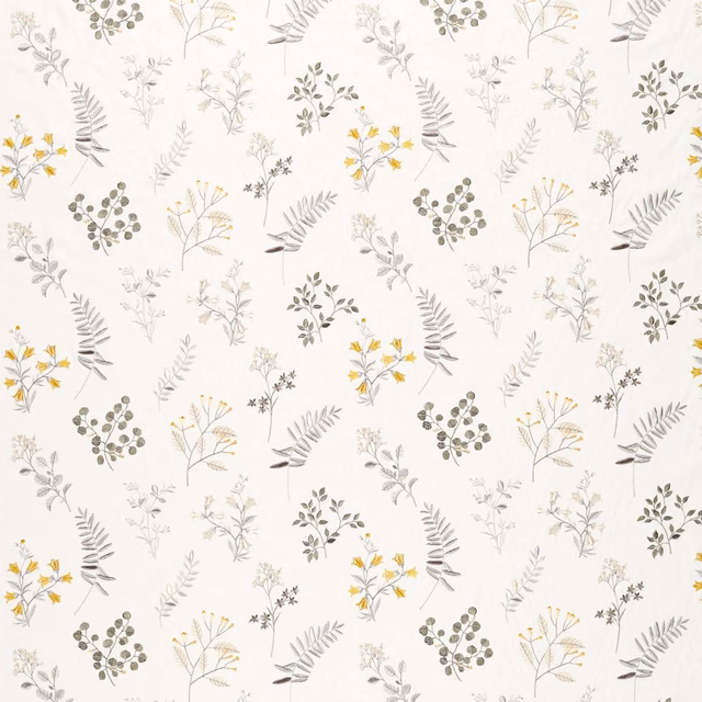 Cream botanical fabric with pewter sprigs and chartreuse-yellow flower accents