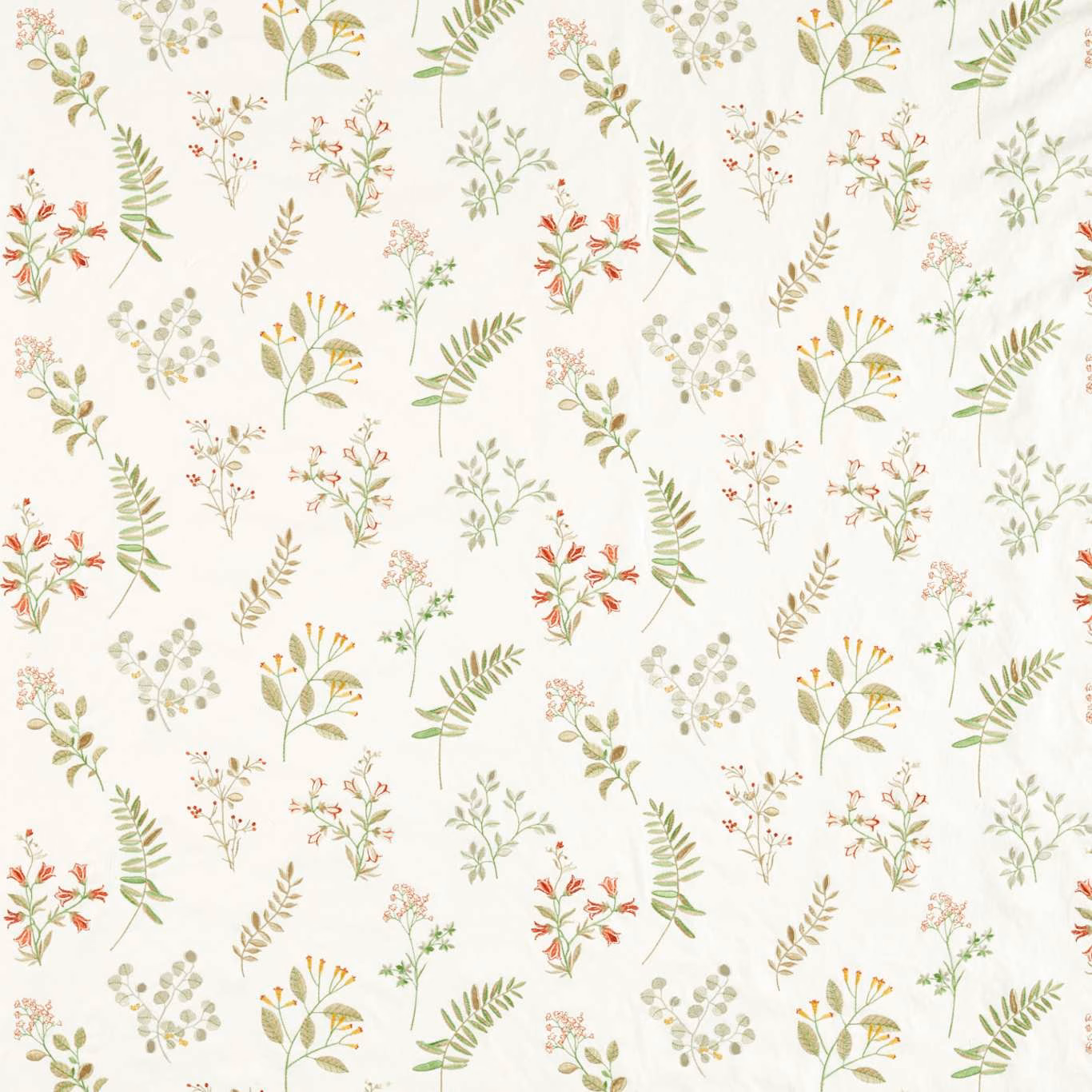 Ivory botanical fabric with sage leaves, ochre stems and muted spice-red flowers