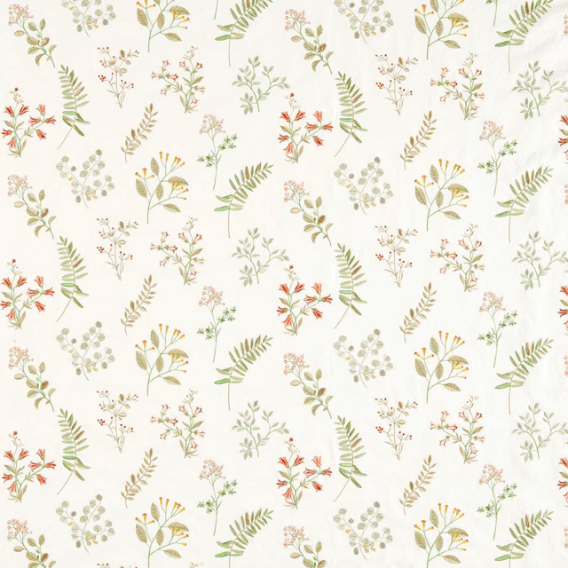 Ivory botanical fabric with sage leaves, ochre stems and muted spice-red flowers