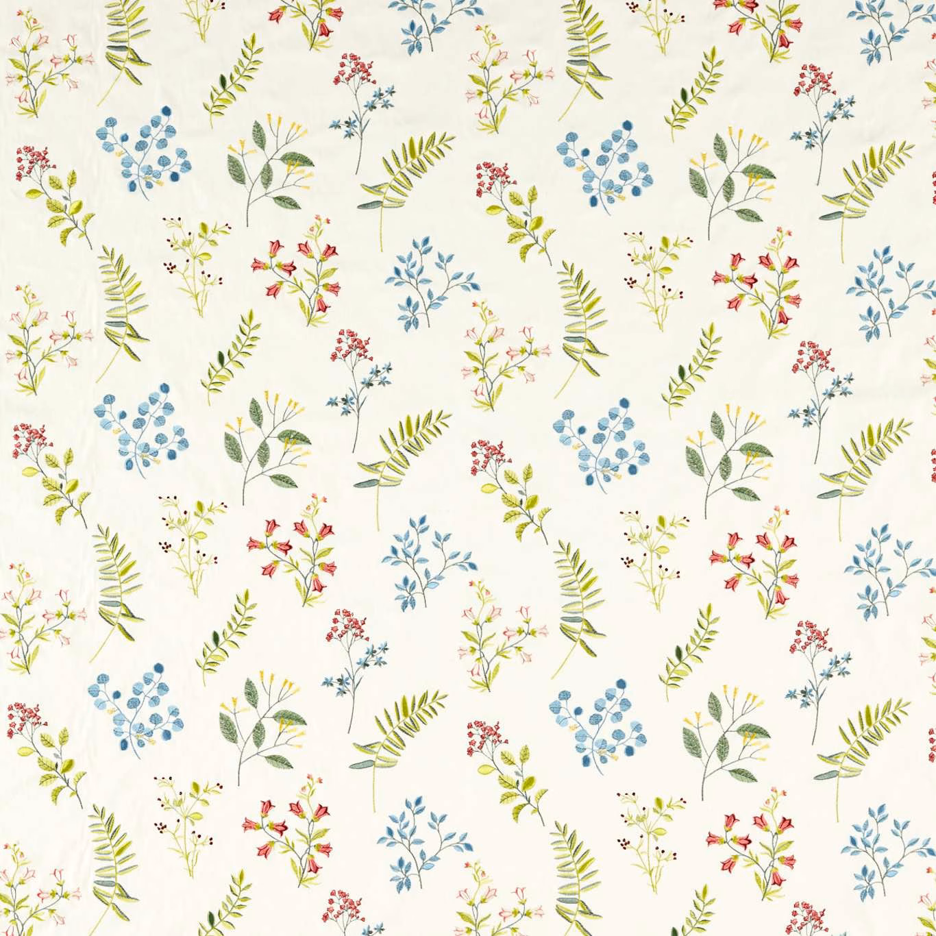 Cream botanical fabric with blue sprigs, green leaves and small scattered flowers