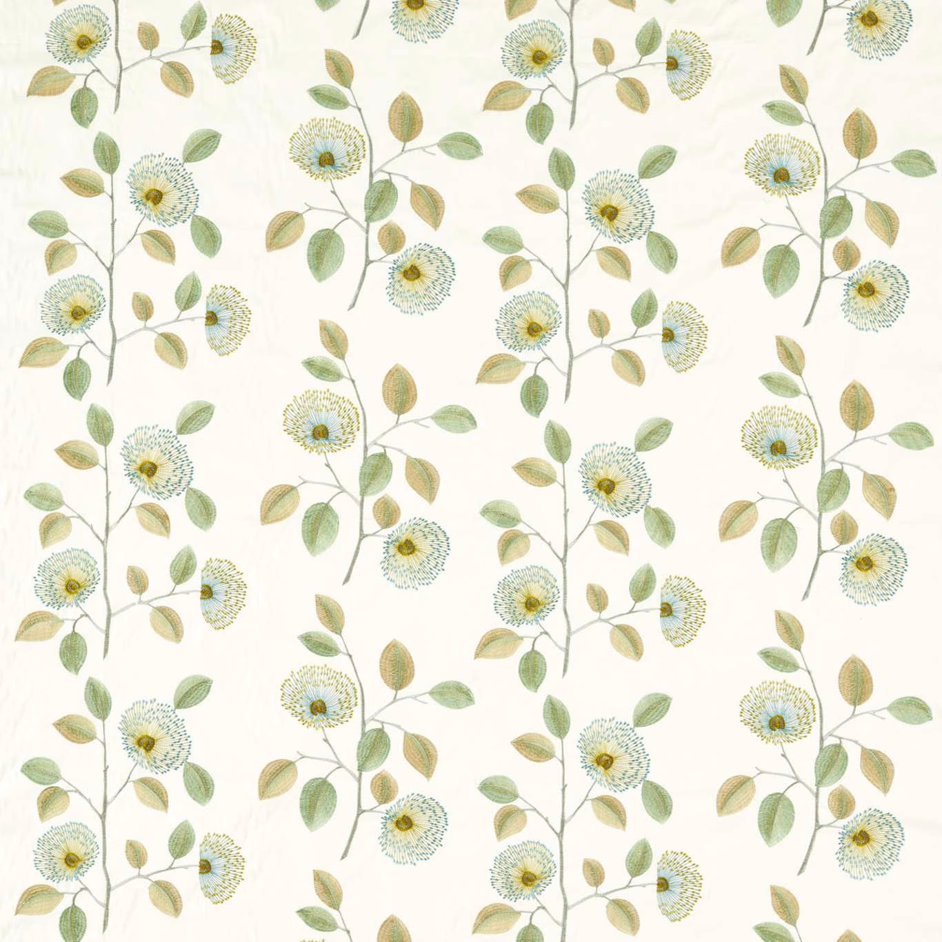 Cream botanical fabric with apple leaves, mineral-blue flowers and yellow centres