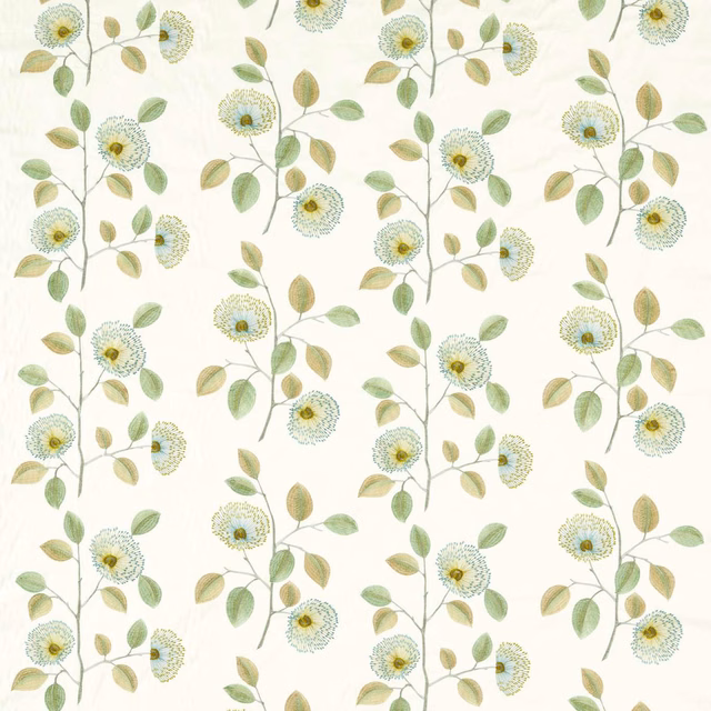 Cream botanical fabric with apple leaves, mineral-blue flowers and yellow centres
