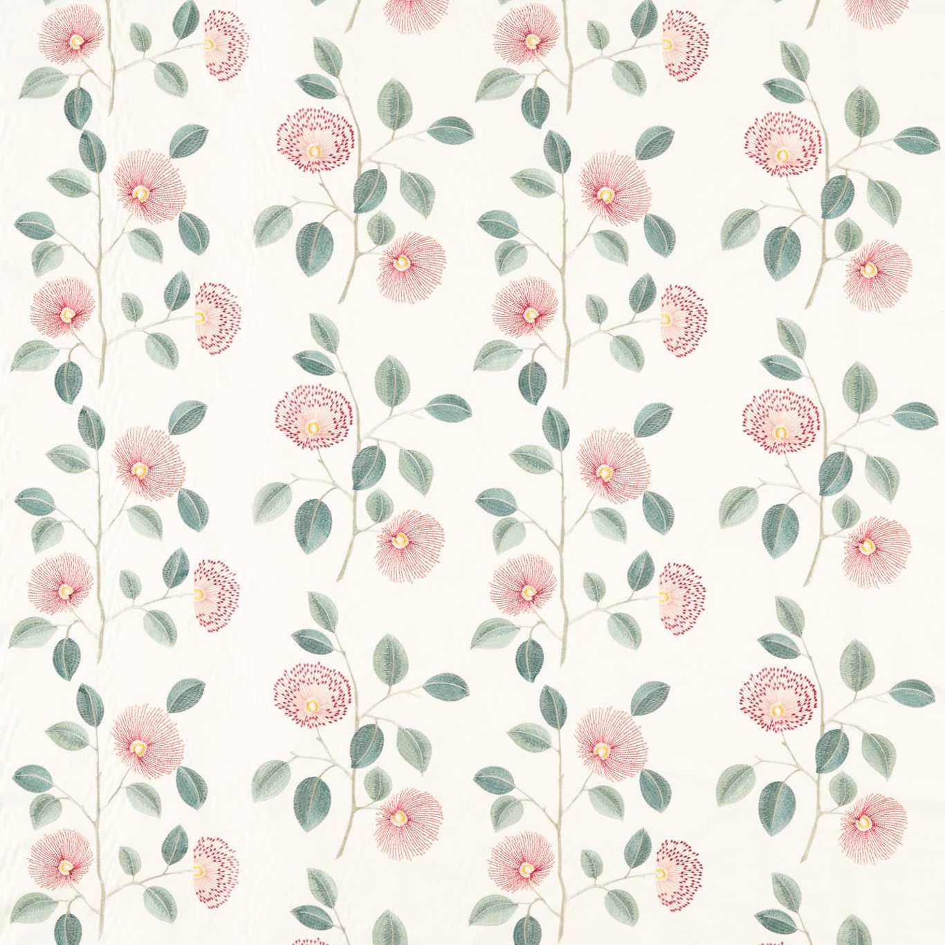 Blush and raspberry flowers with sage leaves on a warm cream botanical fabric
