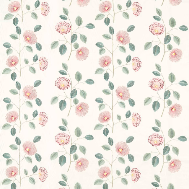 Blush and raspberry flowers with sage leaves on a warm cream botanical fabric
