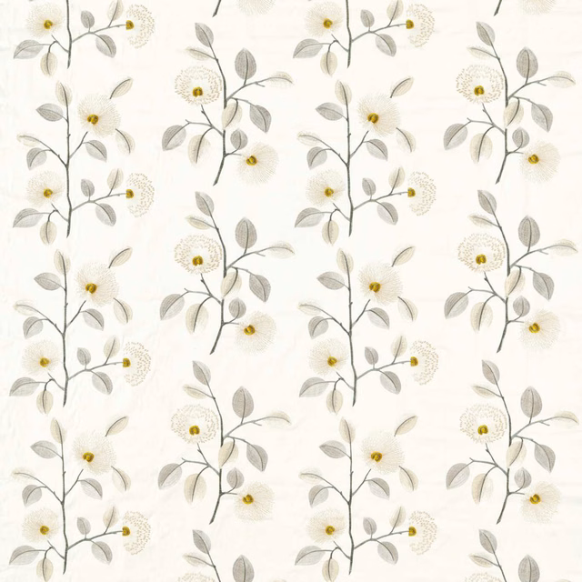 Ivory botanical fabric with pewter branches, pale flowers and ochre centres