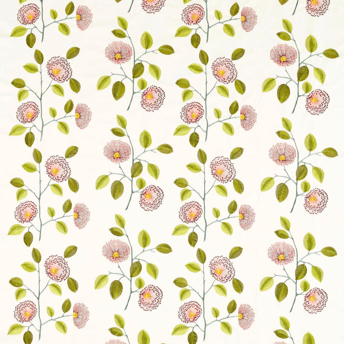 Cream botanical fabric with pink pom-pom flowers and olive-green leaves