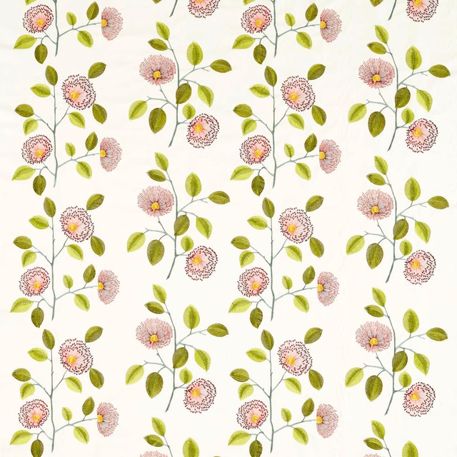 Cream botanical fabric with pink pom-pom flowers and olive-green leaves