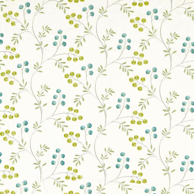 Cream botanical fabric with grey-green vines, apple berries and mineral-blue buds